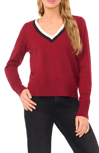 CeCe Scalloped Trim V-Neck Sweater in Mulberry Red at Nordstrom Rack, Size Medium | Nordstrom Rack