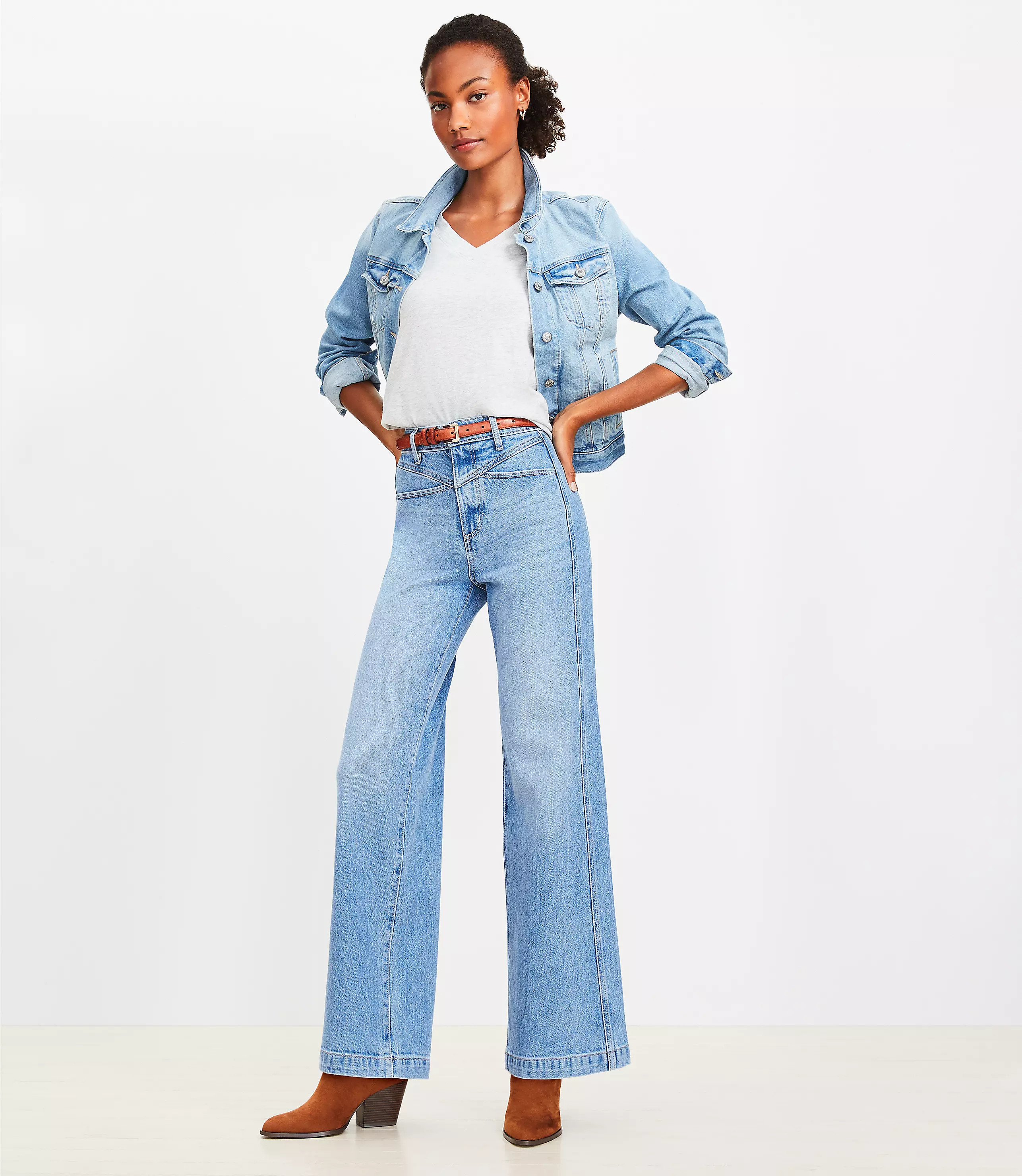 Double Yoke High Rise Wide Leg Jeans in Light Wash | LOFT