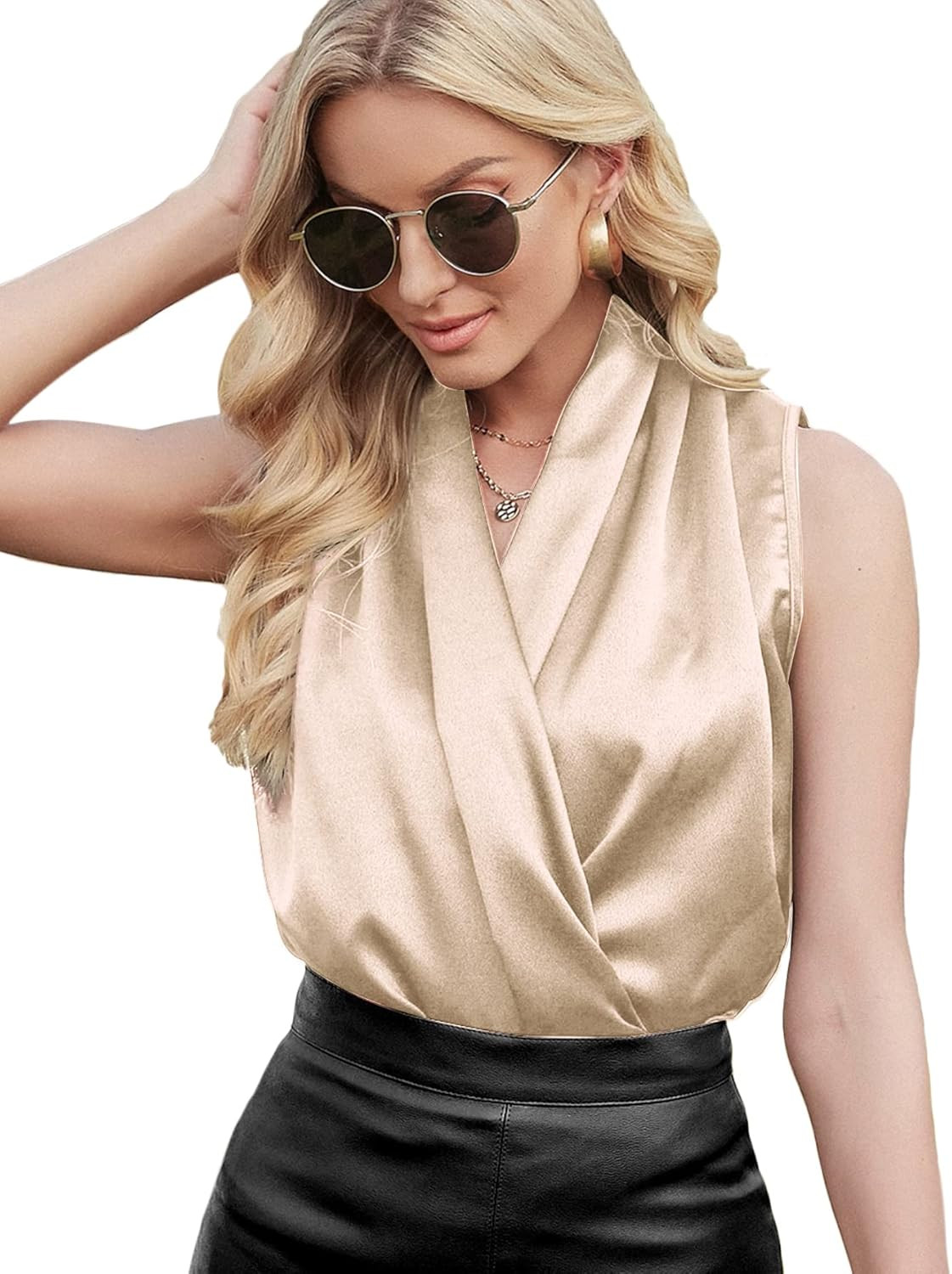 LYANER Women's Elegant Satin Wrap V Neck Sleeveless Tank Blouse Tee Top | Amazon (US)