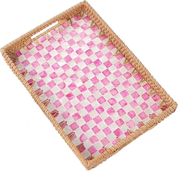 Rectangle Rattan Tray with Mother of Pearl Inlay, Rattan Serving Tray with Handle for Coffee, Bre... | Amazon (US)