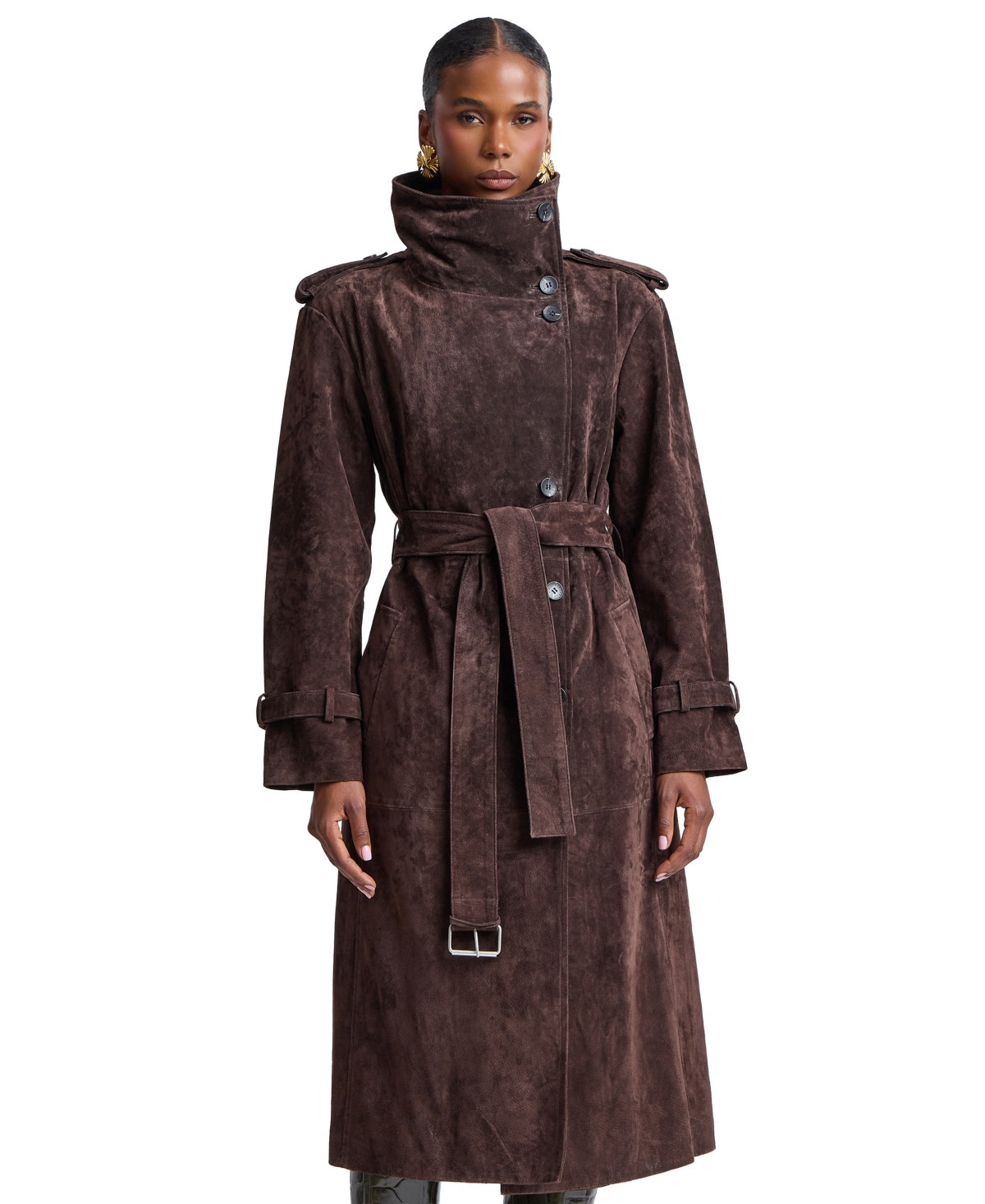 Avec Les Filles Women's Funnel-Neck Suede Oversized Trench Coat - Wood | Macy's