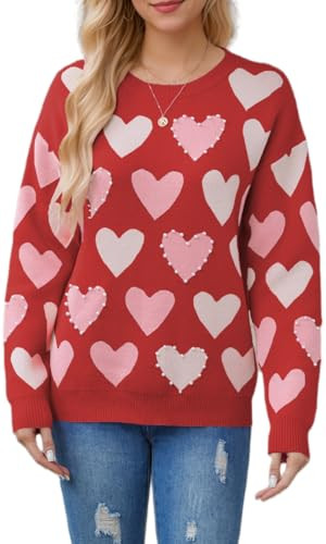 Women Y2k Pearl Heart Sweaters Long Sleeve Crewneck Valentine's Day Pullover Sweater Love Color Block Knitwear Top Red | Amazon (US)