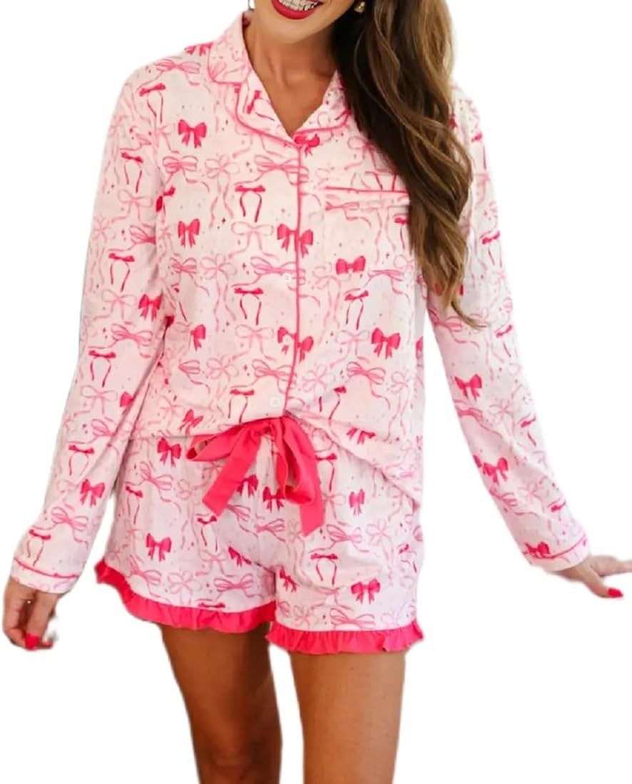 Argeousgor Valentine's Day Pajamas for Women Bow Tie Long Sleeve Shirt Ruffe Shorts Satin Heart 2... | Amazon (US)