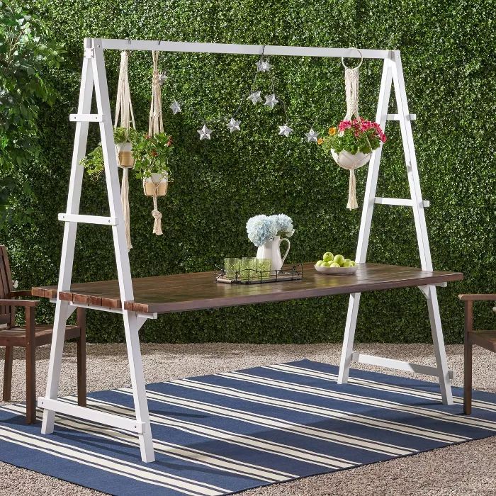 Huckleberry Rectangle Acacia Wood Patio Dining Table with Iron Plant Hanger Dark Brown/White - Ch... | Target