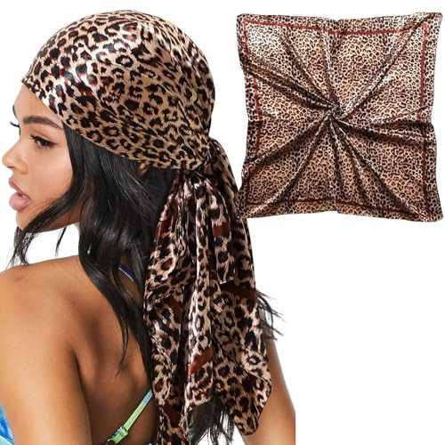 Zeiniua 35" Large Satin Head Scarf for Women Silk Hair Scarf Solid Color Hair Bandana for Night Hair Wrap Sleeping (Leopard (Brown)) | Amazon (US)