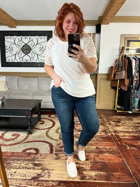 Ulla Popken lace top (12) and elastic waist jeans (16), spring casual plus size outfit- use code Nicoles15 at checkout 

#LTKfindsunder50 #LTKplussize #LTKover40