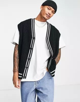 ASOS DESIGN cable knit sleeveless cricket sweater vest in black | ASOS (Global)