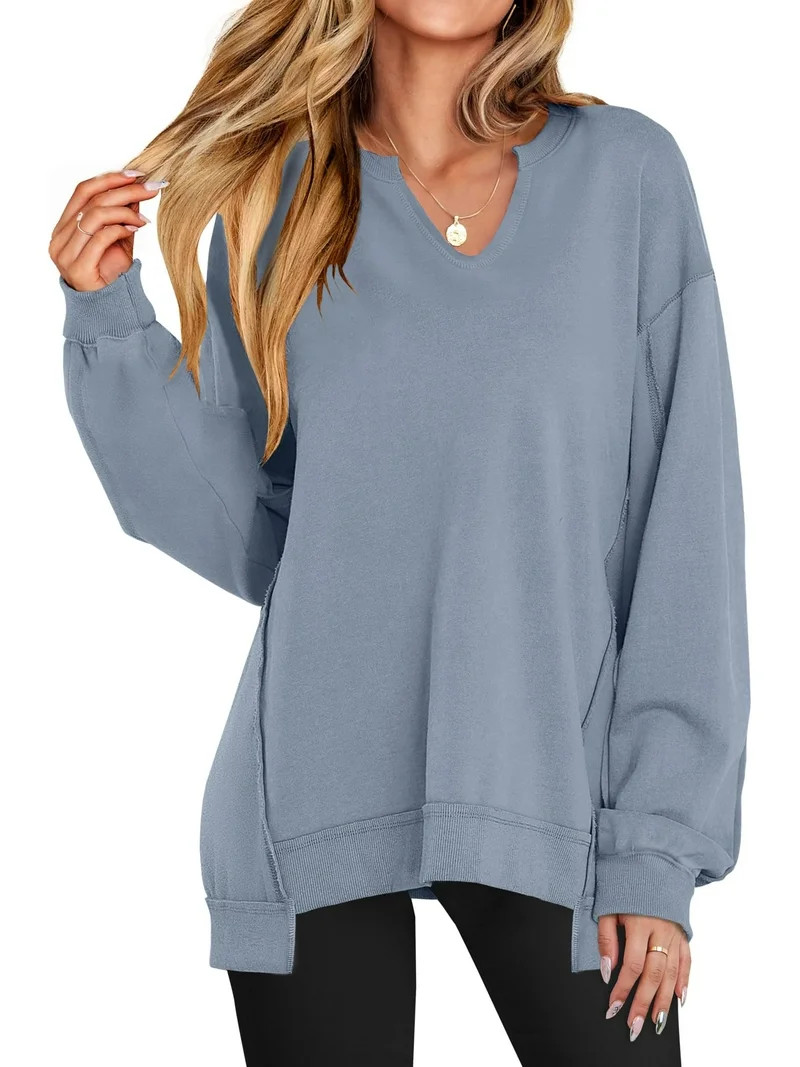 Luniro Women's Oversized Sweatshirts Long Sleeve V Neck Shirt Loose Trendy Fall Pullover Tops Siz... | Walmart (US)