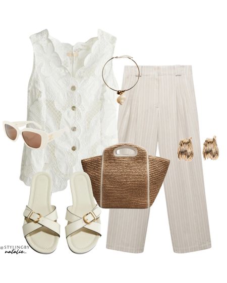Broderie anglais waistcoat, stripe beige trousers, leather sandals, straw clutch bag & gold jewellery.
Neutral outfit, casual chic, summer outfit.

#LTKsummer #LTKstyletip #LTKuk