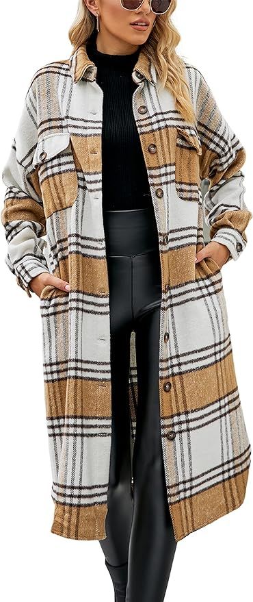 Himosyber Women's Casual Plaid Lapel Woolen Button Up Pocketed Long Shacket Coat | Amazon (US)