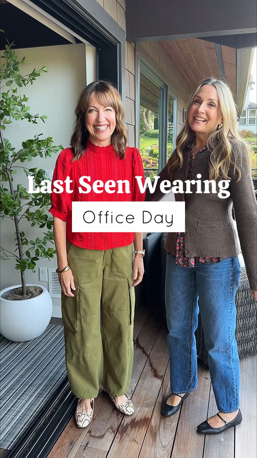 This is what we’re Lastseenwearing!!🙋🏻‍♀️🙋‍♀️
Not twinning today, surprisingly, but wearing some of our favorites! I’m in a pop of red from @Zara my new @Pistola Denim cargo balloon pants! It’s fun to add these trends to my fall lineup. Julie loves her figure flattering @Quince sweater and it goes perfectly with her @Aritzia jeans! We’re slowly transitioning to fall, but not really ready for boots just yet. It’s hard to let go of summer!😎
Comment SHOP for links to these looks!

Red blouse, balloon pants, cargo pants, Quince sweater, @Avara blouse, Denim Forum jeans, ballet flats, Miranda Frey jewelry,