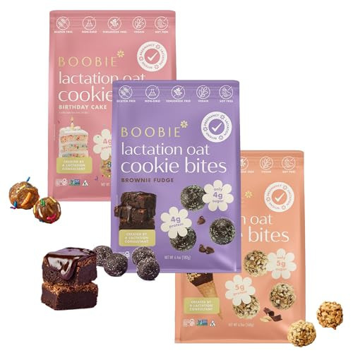 Boobie Lactation Cookies, Birthday Cake + Chocolate PB + Brownie Fudge | Vegan, Gluten-Free, Dairy-Free, Soy-Free Plant-Based Protein + Prebiotics | 5g Sugar, Non-GMO, Kosher - 7 servings, 3 packs | Amazon (US)