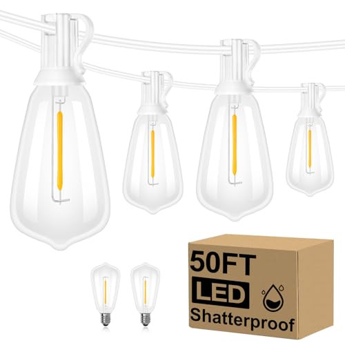 Brightever 50FT Outdoor String Lights Weatherproof, Patio Lights with 25+2 ST38 Edison Shatterproof Bulbs, Commercial Grade Warm White LED String Lights Decorative for Christmas, Wedding, Party, White | Amazon (US)