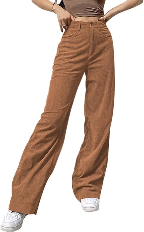 Corduroy High Waisted Baggy Pants for Women Vintage y2k Straight Leg Pants Loose Fit with Pocket ... | Amazon (US)