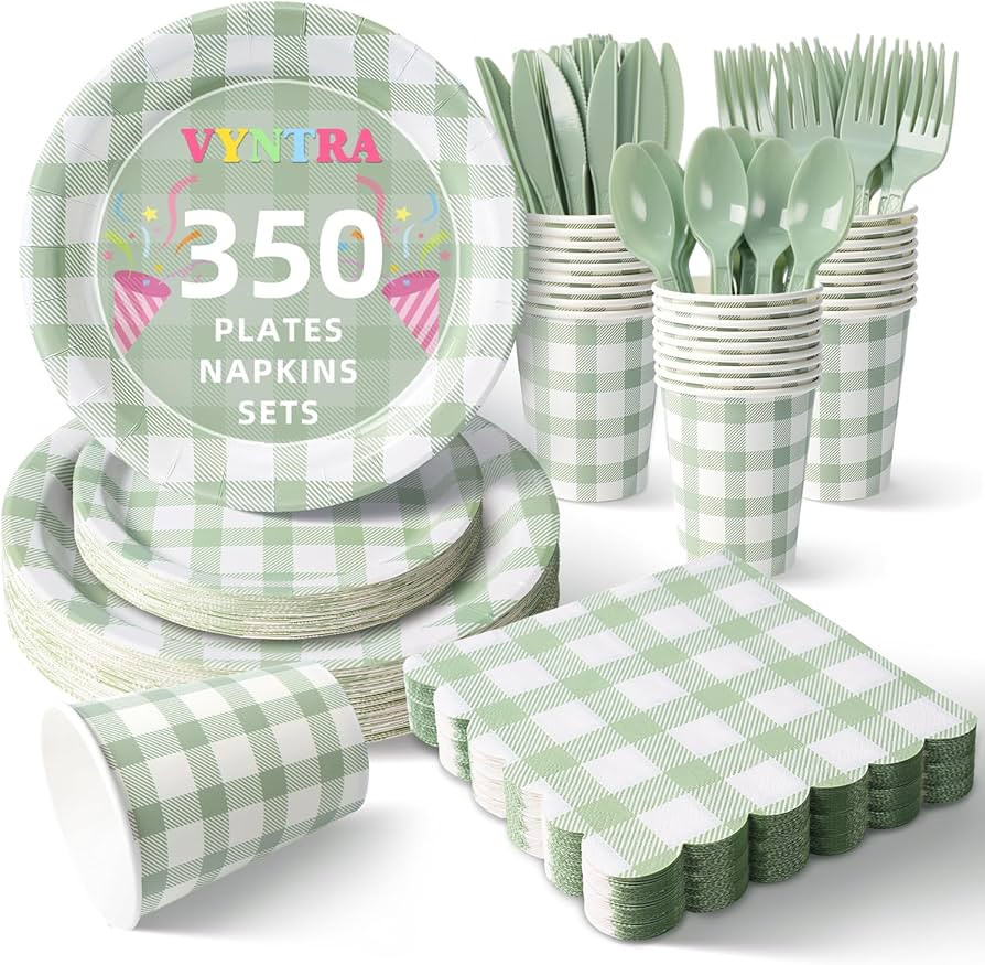 Vyntra 350 Pcs Sage Green & White Checkered Gingham Paper Plates and Napkins Set for 50, 9" Dinne... | Amazon (US)