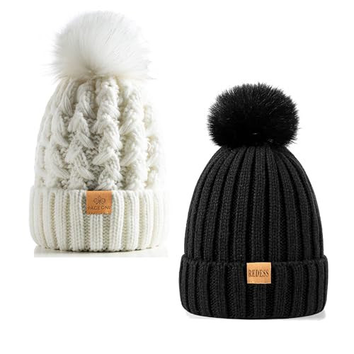 PAGE ONE Womens Winter Knitted Beanie Hat Warm Fleece Lined with Pompom Cap Thick Slouchy Snow Knit Skull Ski Cap | Amazon (US)