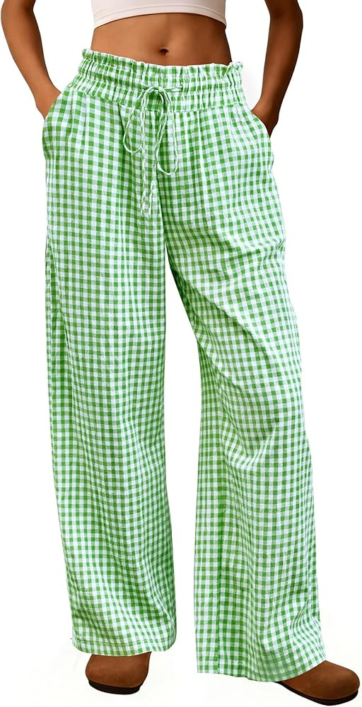 Womens Striped Gingham Pants Cotton Ruffle Pajama Lounge Pj Bottoms Plaid Trousers Summer Clothes... | Amazon (US)