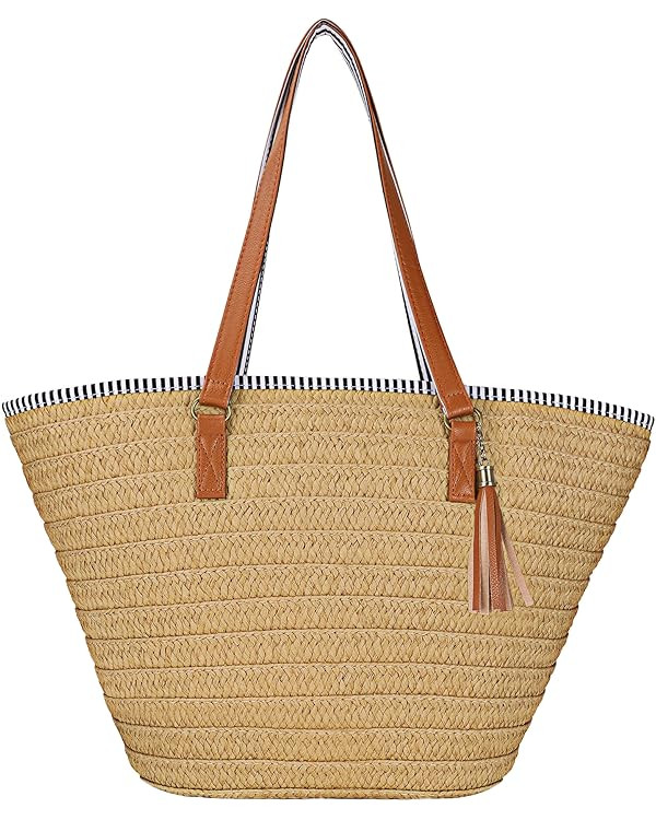 Womens Large Straw Shoulder Bag Beach Tote Handbag Purse with Tassel for Summer | Amazon (US)