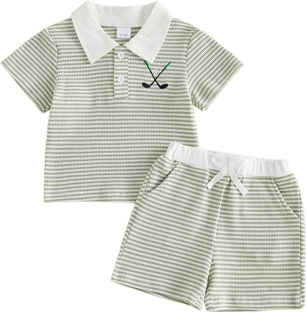Baby Boy Clothes Toddler Boy Summer Outfits Waffle Knit Sailboat/Golf/Baseball Embroidery Collar ... | Amazon (US)