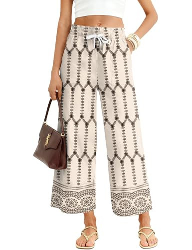 LOMON Women's Summer Floral Palazzo Pants Dressy Casual Cropped Wide Leg Slacks with Pockets Boho Floral M | Amazon (US)