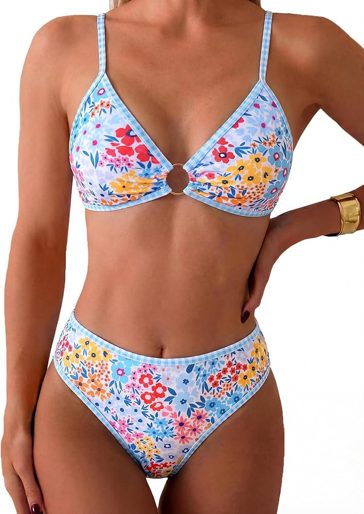 Tainehs Women's Two Piece Bikini Sets O Ring Front Top Ditsy Floral Triangle Swimsuits Cheeky Bat... | Amazon (US)