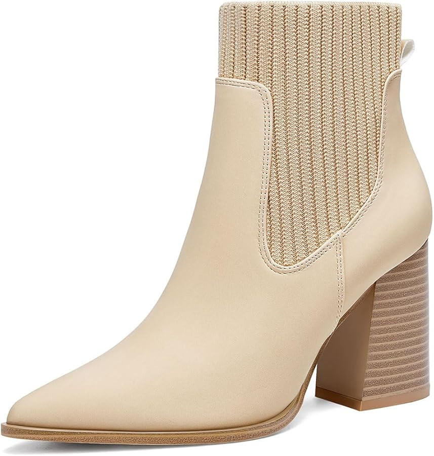 Coutgo Women Ankle Boots Sock Booties Pointed Toe Chunky Stacked High Heel Knit Chelsea Winter Dr... | Amazon (US)