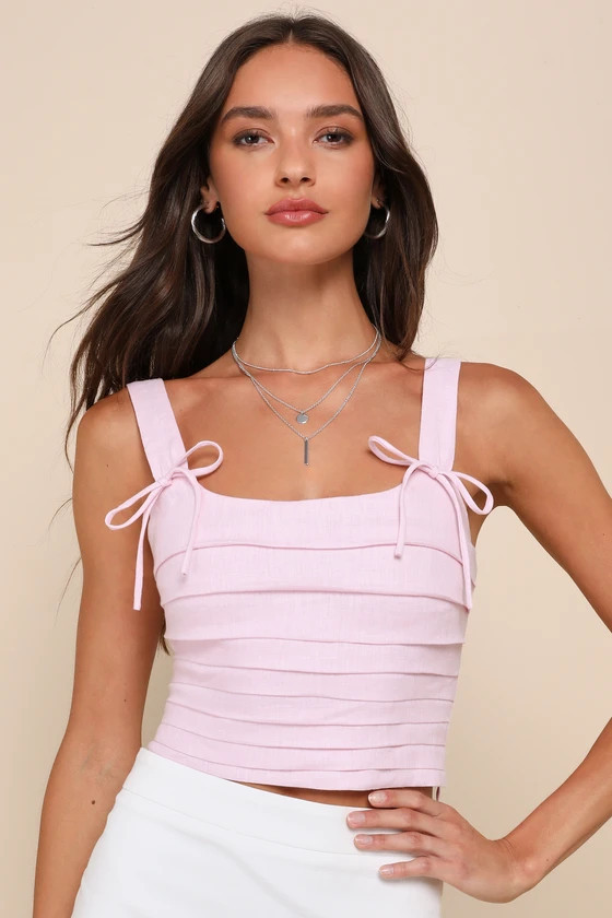 Trendsetting Essence Pink Linen Pleated Cropped Lace-Up Top | Lulus