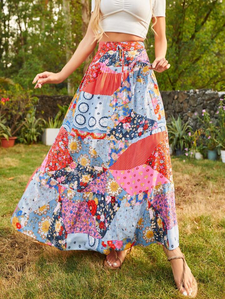 Printed Patchwork Woven Maxi Skirt | SHEIN