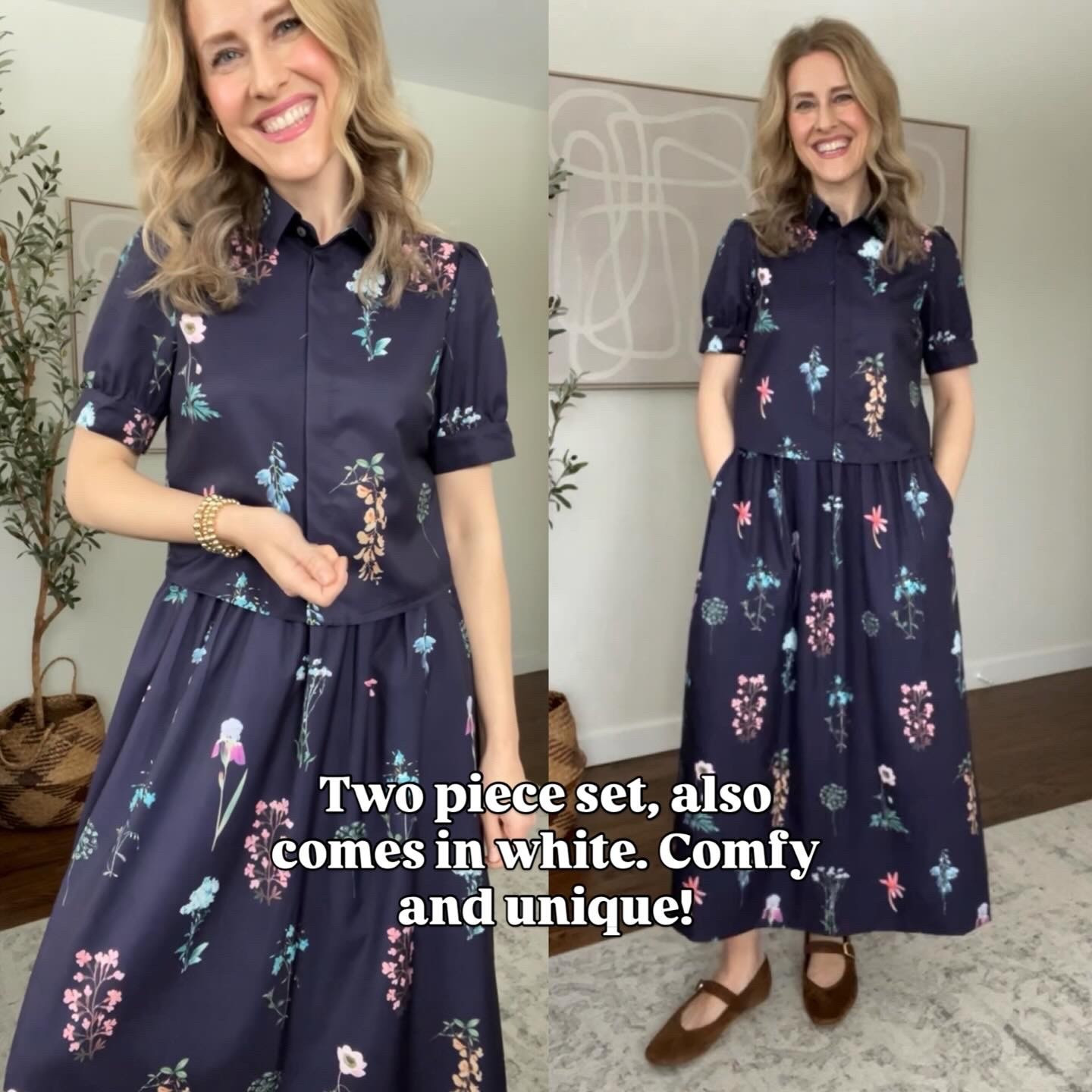 Amazon matching shirt and skirt set, comfy and unique! Also comes in white or off white floral. Fabric is just a cheap polyester. Go up one size. I’m in a medium. #amazonfinds 

#LTKOver40