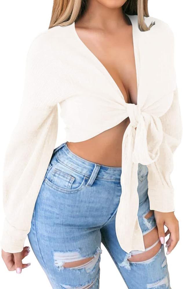 CLOZOZ Sexy Tops for Women Tie Front Crop Top Long Sleeve Crop Tops for Women Deep V Neck Wrap To... | Amazon (US)