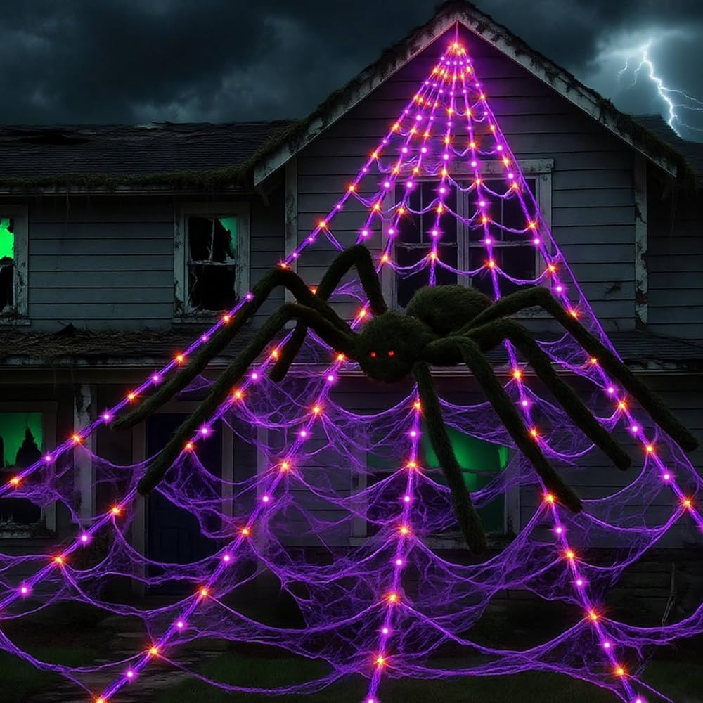 Halloween Decorations, 16.4FT Diameter Spider Web Lights with Black 5FT Spider, 250 LED Waterproo... | Amazon (US)