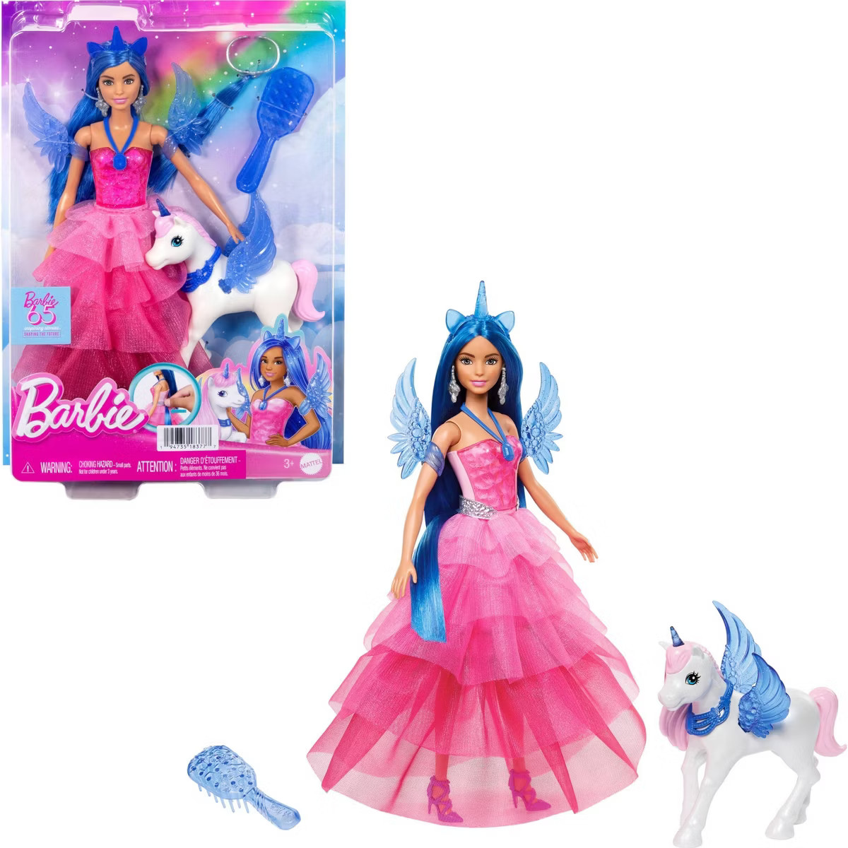 Barbie Unicorn Toy, 65th Anniversary Doll with Blue Hair, Pink Gown & Pet Alicorn (Target Exclusi... | Target