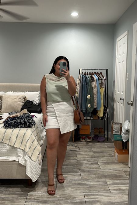 Date night, anniversary outfit, outfit inspo, white skort, linen wrap skirt , sheer high neck top, Abercrombie summer 

#LTKstyletip #LTKmidsize #LTKSeasonal