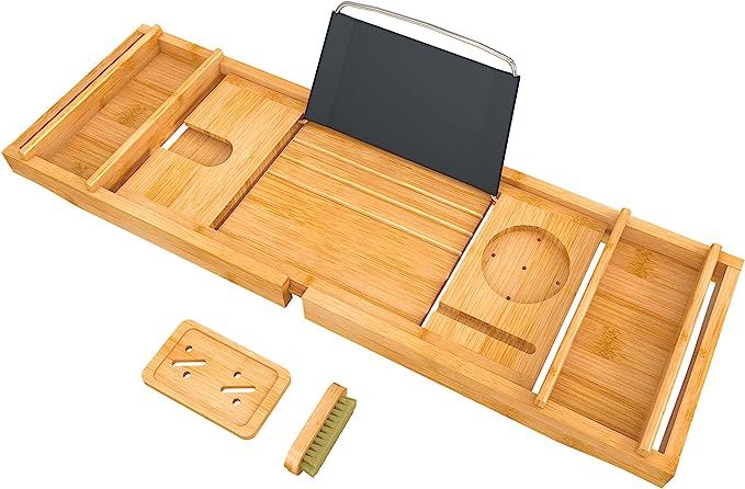 Bath Caddy Tray for Bathtub - Bamboo Adjustable Organizer Tray for Bathroom with Free Soap Dish S... | Amazon (US)