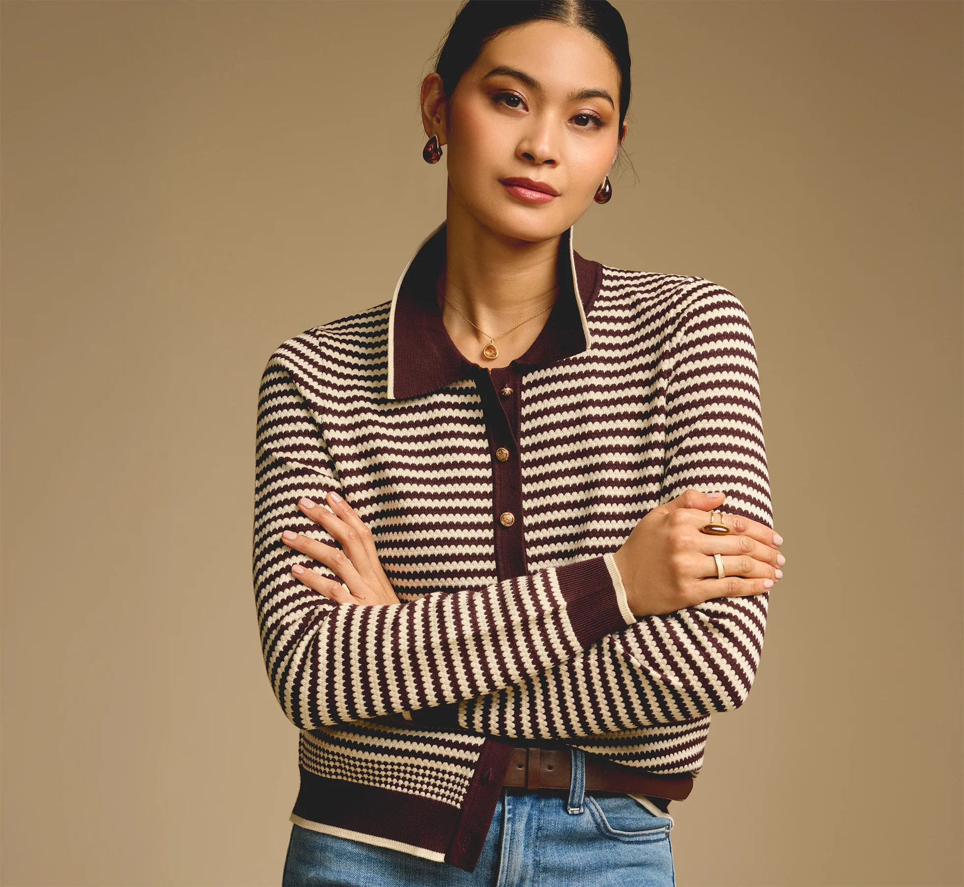 Brown Long Sleeve Polo Collar Cardigan Sweater - Adrianna Papell | Adrianna Papell