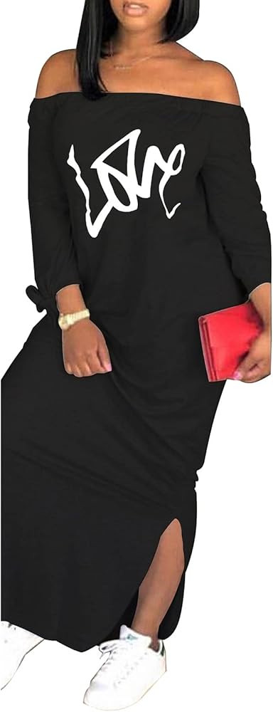 Women's Casual Off Shoulder Maxi Dress - African Print Summer Loose Long Sleeve Tunic T Shirt Dre... | Amazon (US)