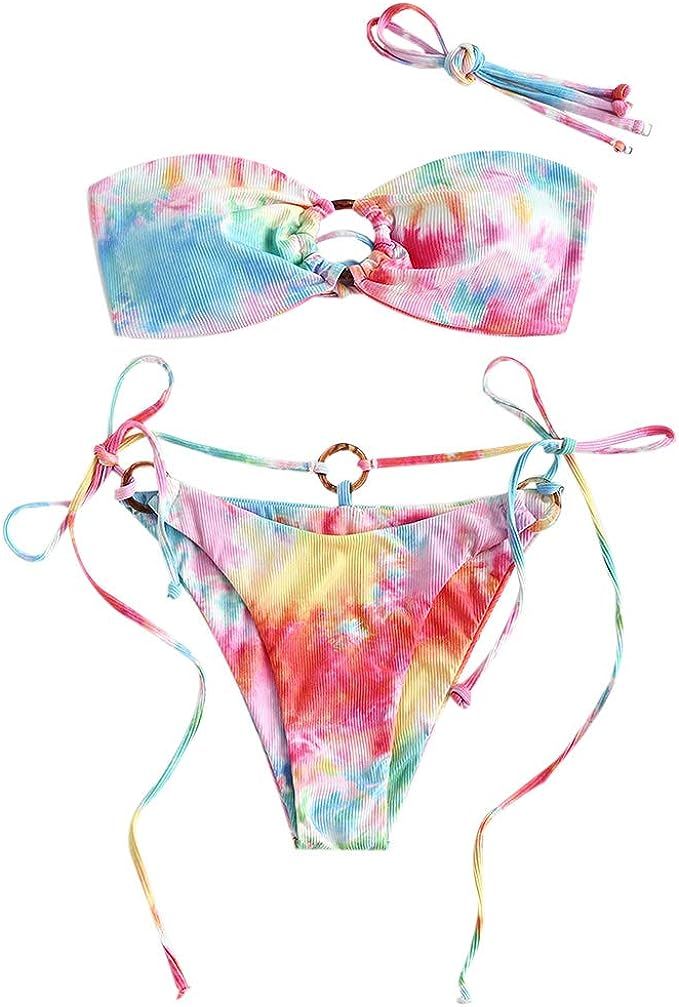 ZAFUL Women's Tie Dye Ribbed O Ring Lace Up Tie Side Bandeau Bikini Set Swimsuit | Amazon (US)