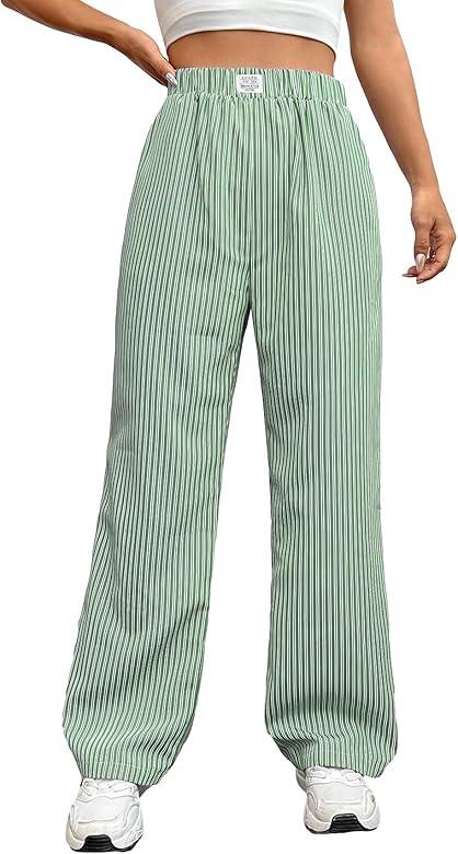 OYOANGLE Women's Straight Wide Leg Trousers Striped Print Letter Patched Detail High Waist Y2K Fa... | Amazon (US)