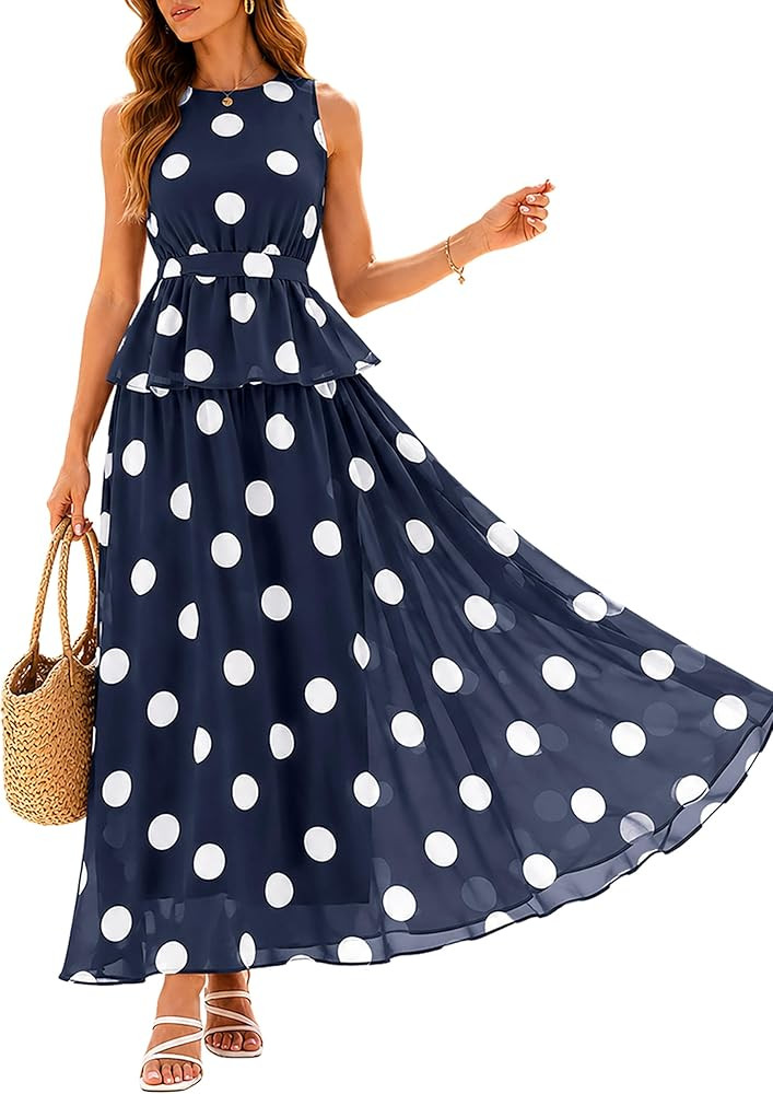 Glamaker Womens 2 Piece Polka Dot Maxi Skirt Set Sleeveless Peplum Top Flowy Matching Outfit for ... | Amazon (US)