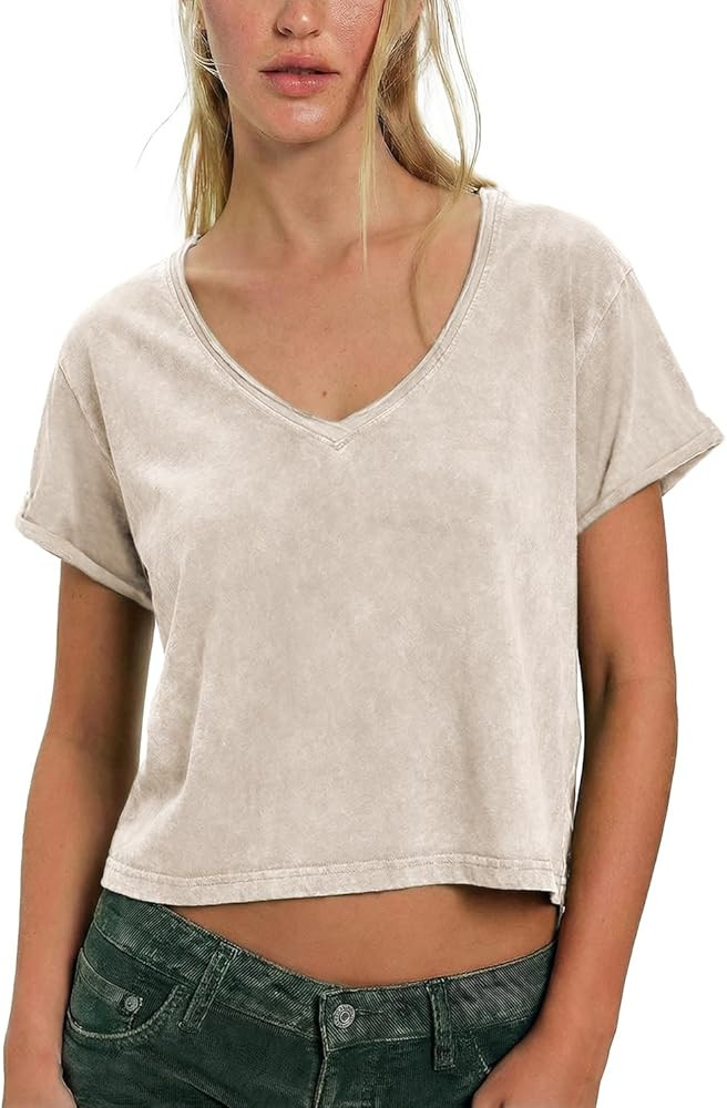 Womens Cropped Acid Wash T Shirts V Neck Short Sleeve Baggy Grunge Tops Vintage Tees Summer Stree... | Amazon (US)