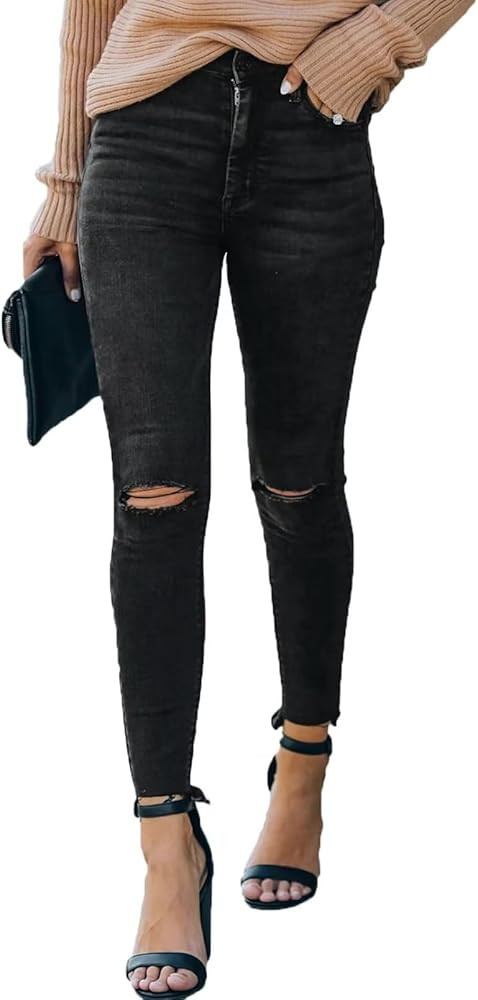 Allimy Women's High Rise Skinny Stretch Ripped Jeans High Waisted Destroyed Denim Pants | Amazon (US)