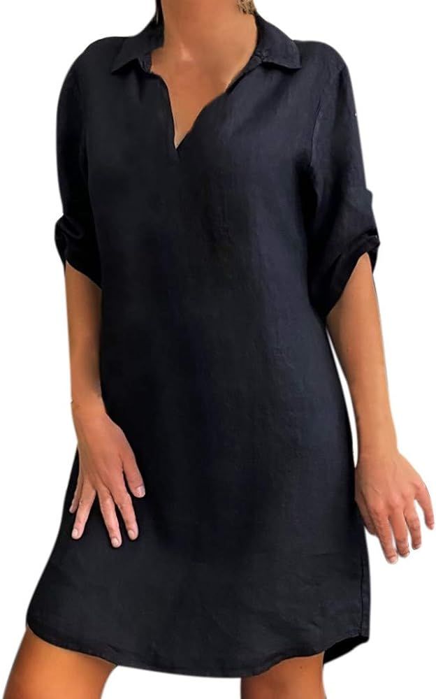 Zainafacai Summer Dresses for Women Women's Cotton Linen Dress Short Sleeve Button Down Dress Cas... | Amazon (US)