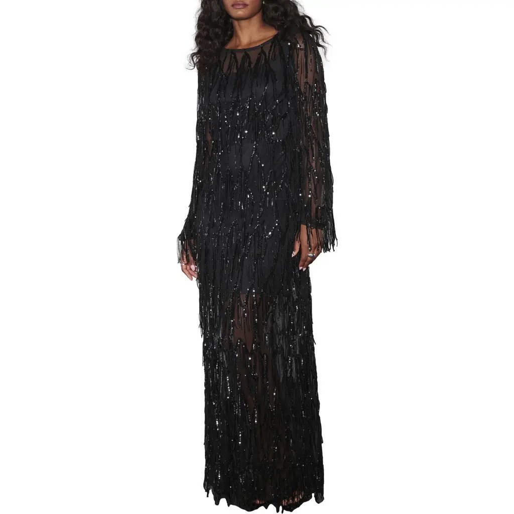 NEXT Sequin Tassel Long Sleeve Dress in Black at Nordstrom, Size 4 Us | Nordstrom