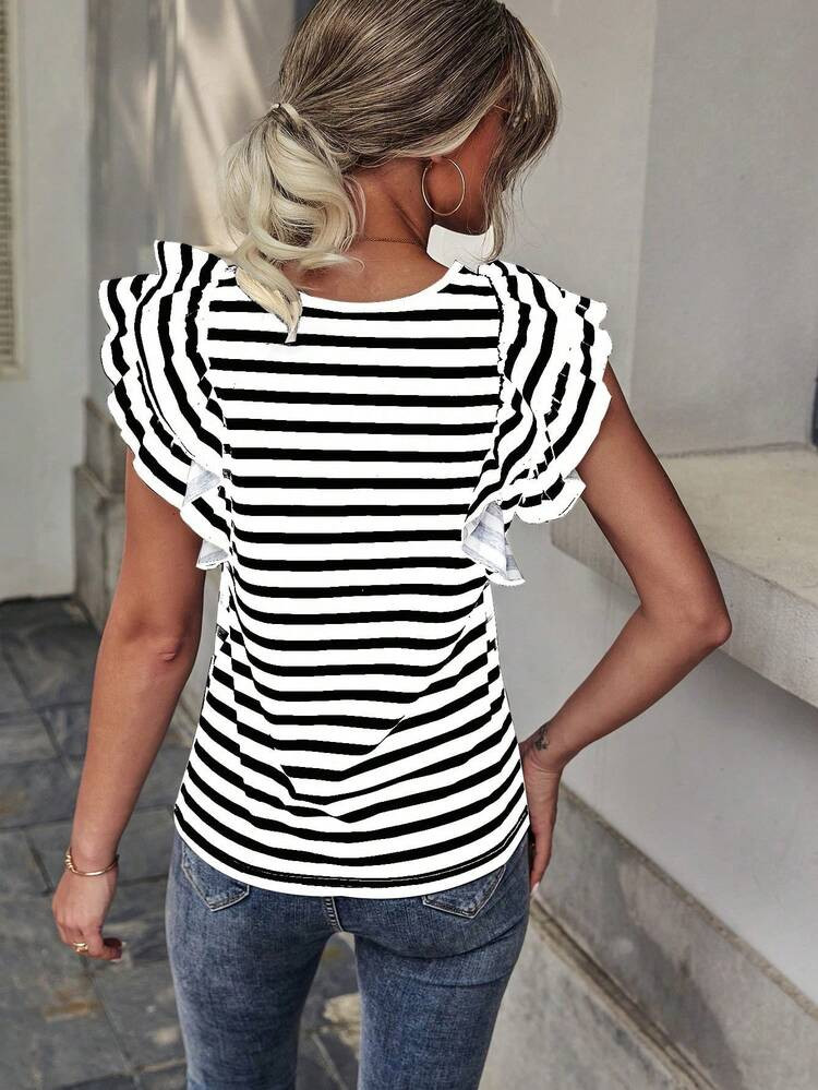 EMERY ROSE Women's Summer Casual Striped Round Neck Cap Sleeve Tee Graphic Tees Women Tops | SHEIN