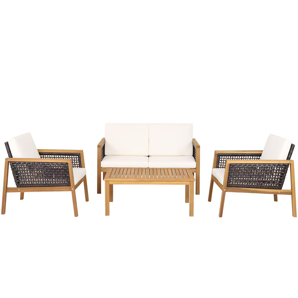 Tangkula 4-Piece Patio Acacia Wood Furniture Set Outdoor PE Rattan Conversation Set with Removabl... | Target
