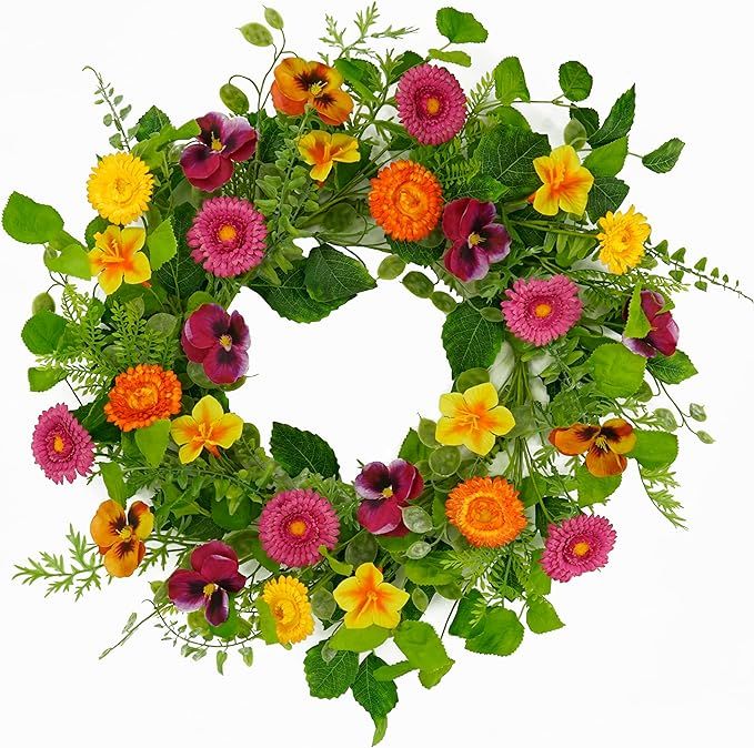AMF0RESJ Artificial Spring Wreath Daisy Wreath with Pansy,Yellow Morning Glory for Front Door Ind... | Amazon (US)