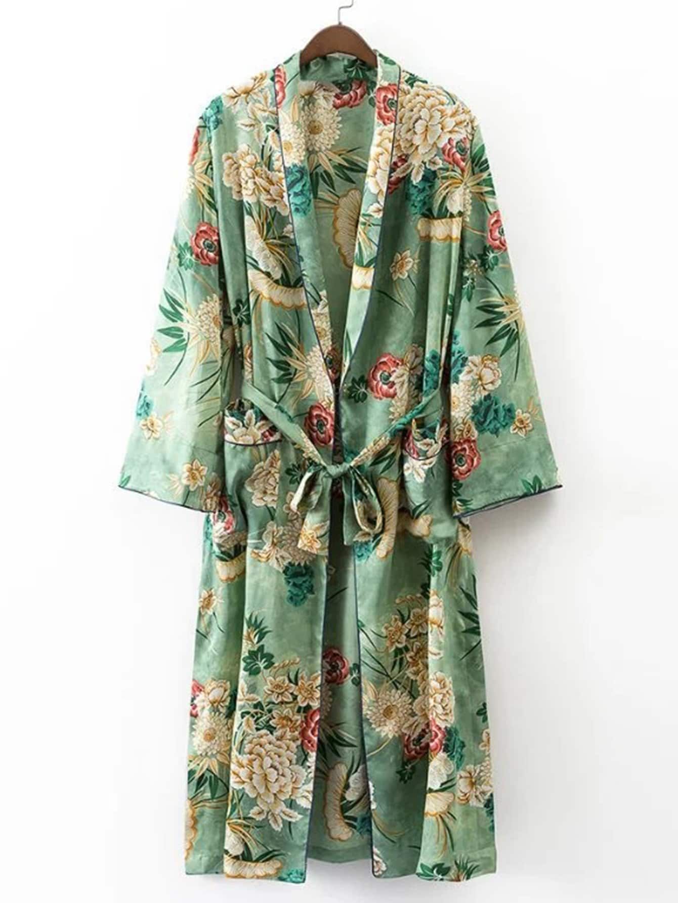 Calico Print Contrast Piping Self Tie Longline Kimono | ROMWE