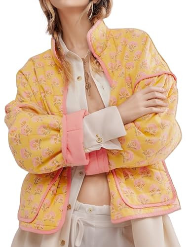 Yimoon Women's Cropped Puffer Quilted Jacket Vintage Floral Print Open Front Lightweight Short Jacket Outwear (YellowFloral-S) | Amazon (US)