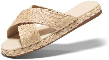 Coutgo Womens Flat Sandals Espadrilles Raffia Open Toe Slides Cross Strap Slip On Summer Dressy B... | Amazon (US)