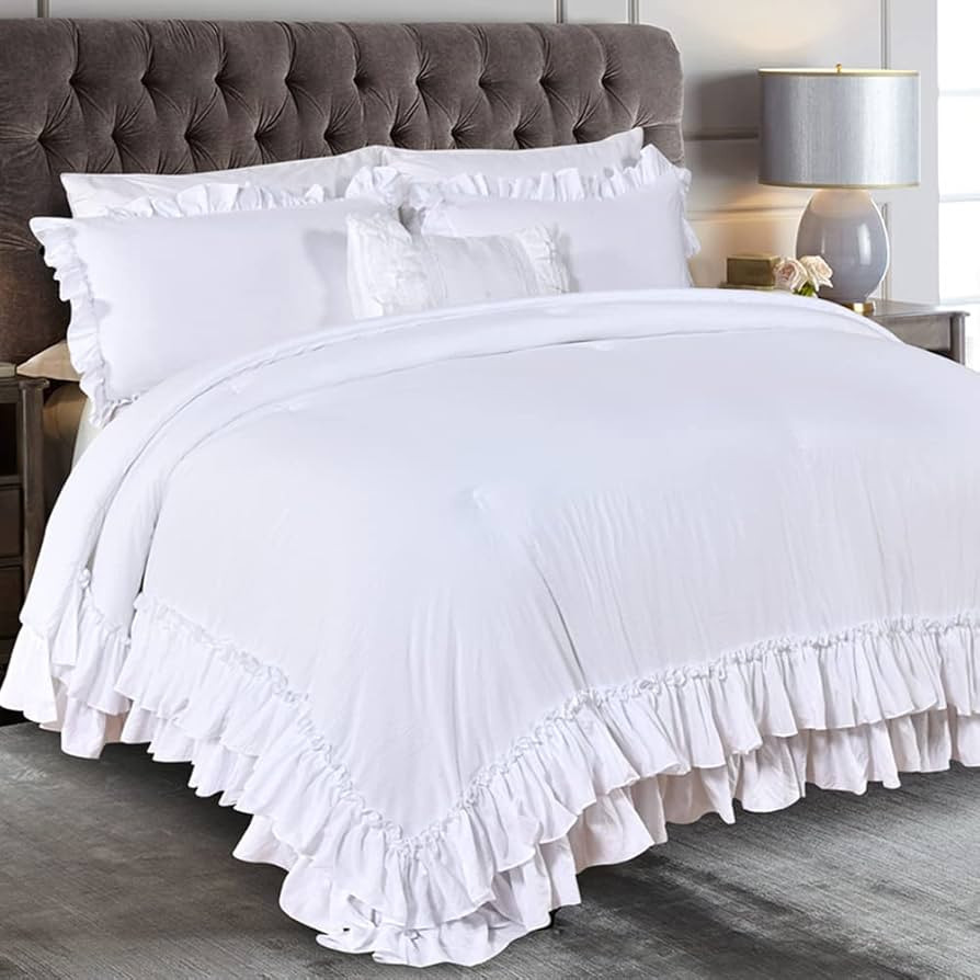 Masaca White Ruffled Comforter Set Queen,Lightweight Farmhouse Shabby Boho Chic White Bedding,Ult... | Amazon (US)
